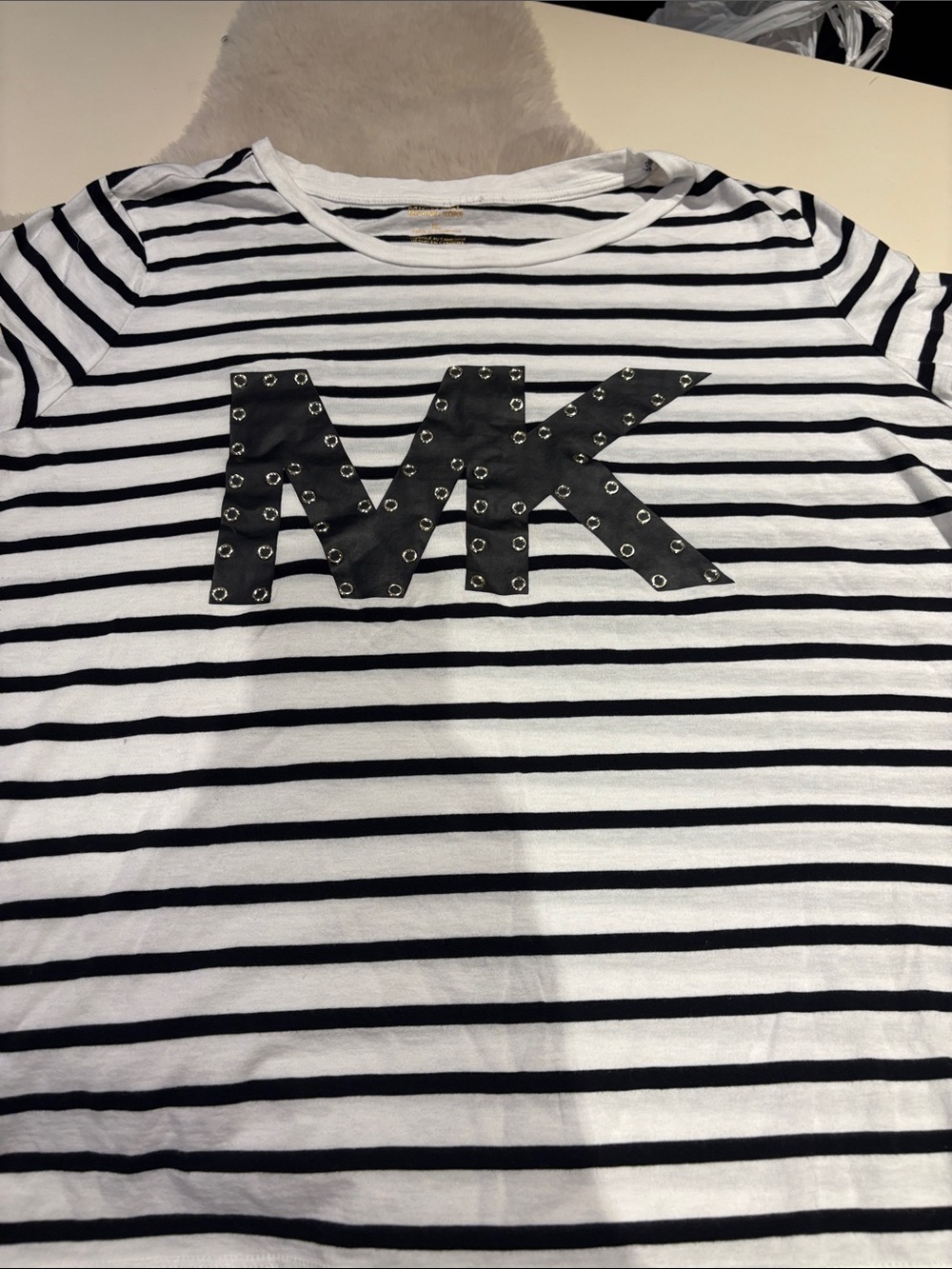 Michael Kors White and Black Striped Tee with Studded Black MK Logo
